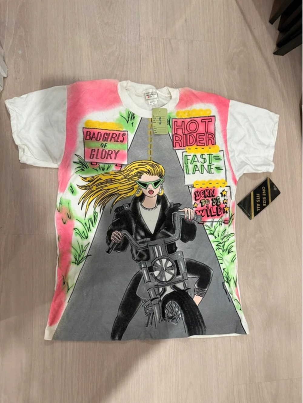 Vintage 1989 Suzy Phillips Bad Girls of Glory Airbrush T-Shirt Neon Motorcycle